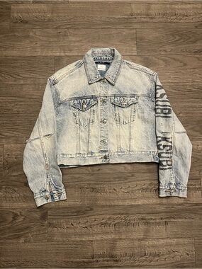 Ksubi Light Wash Denim Jacket with Sleeve Graphic